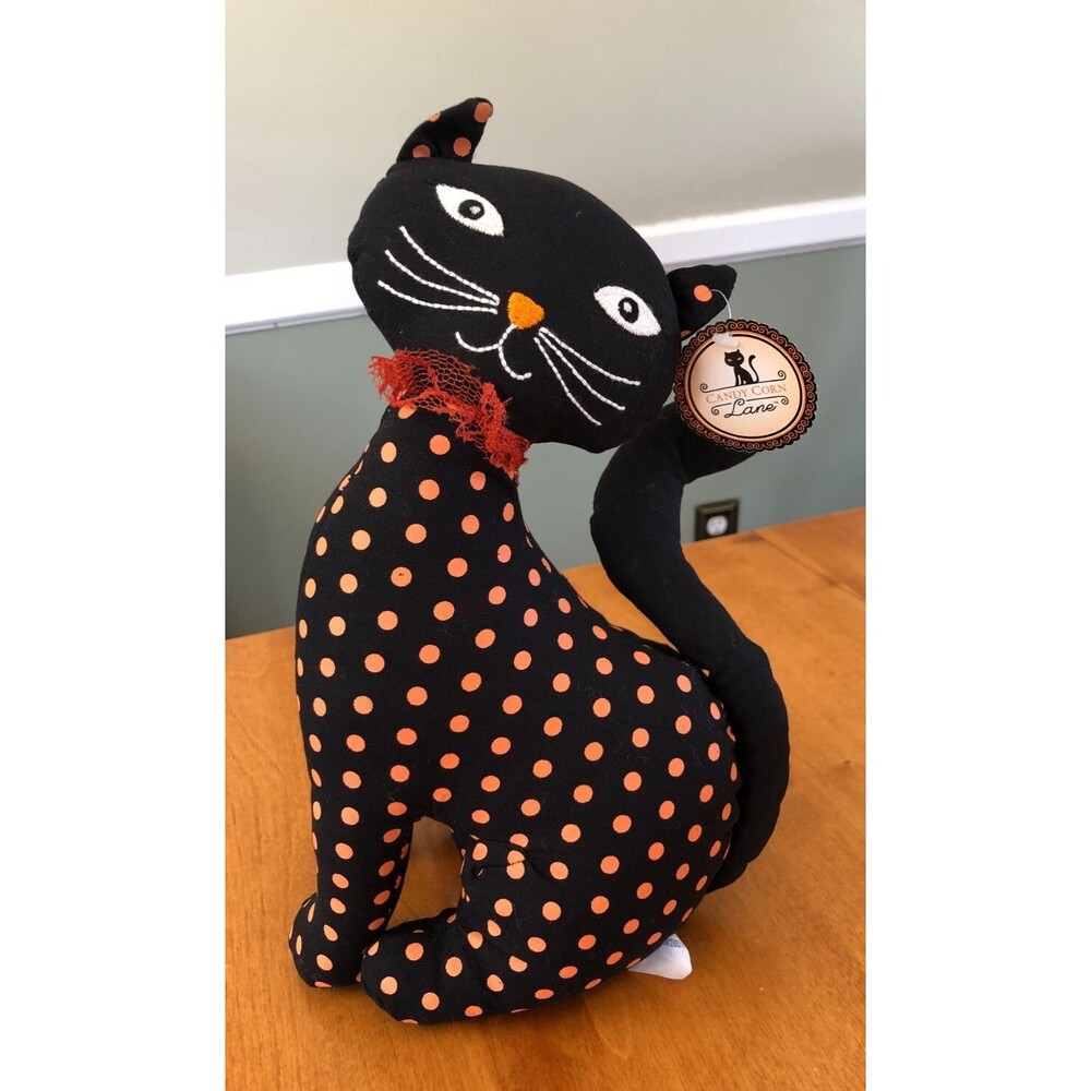 Candy Corn Lane Stuffed Plush Halloween Cats Polka Dot Decor Weighted 11 in
